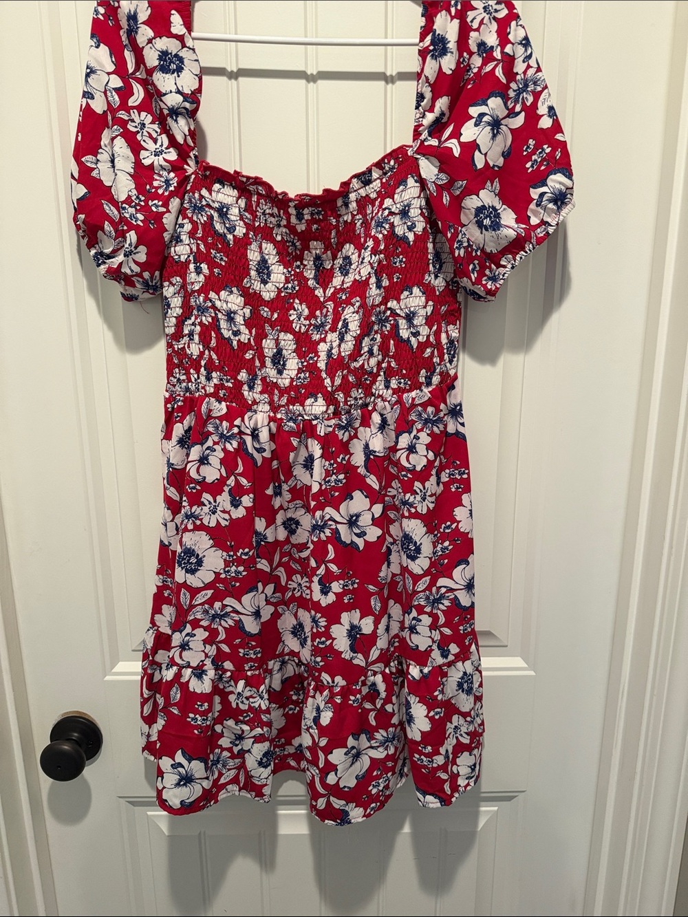 Love Squared Red Floral Smocked Puff-Sleeve Dress